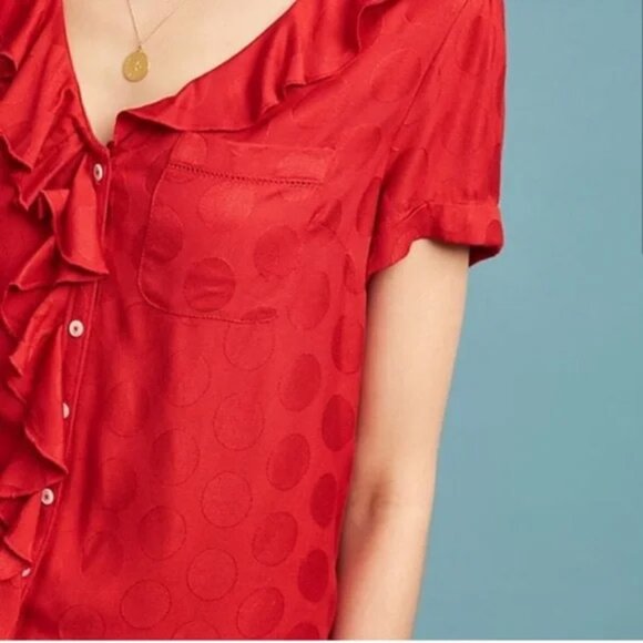 Anthropologie Maeve Jojo Ruffle V Neck Blouse Top S Red Dots Button Front Sweet - Picture 3 of 14
